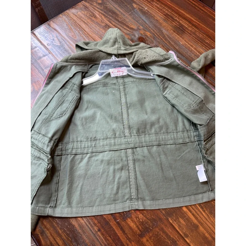 Justice Girls Olive Green Paint Splatter Utility Jacket Hooded Size 8/10‎ M